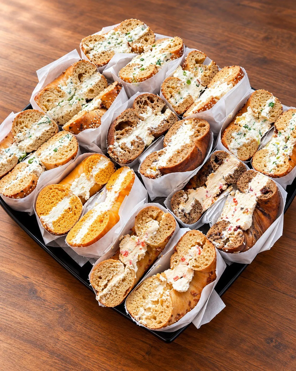 A Gotham Bagel and Cream Cheese Platter of assorted bagels with house cream cheeses, wrapped and sliced in half