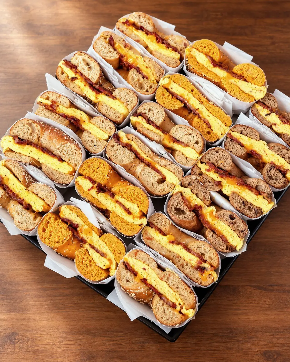 Gotham Sandwich Platter: bacon, egg and cheddar bagel sandwiches, wrapped and sliced in half