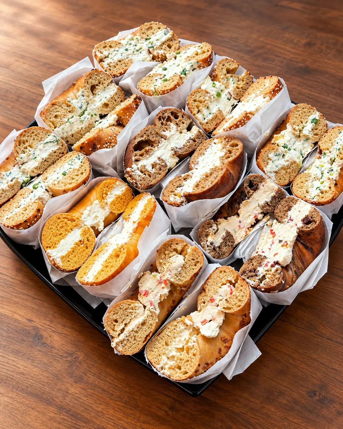 Gotham Bagel and Cream Cheese Platter: assorted bagels with house cream cheeses, wrapped and sliced in half