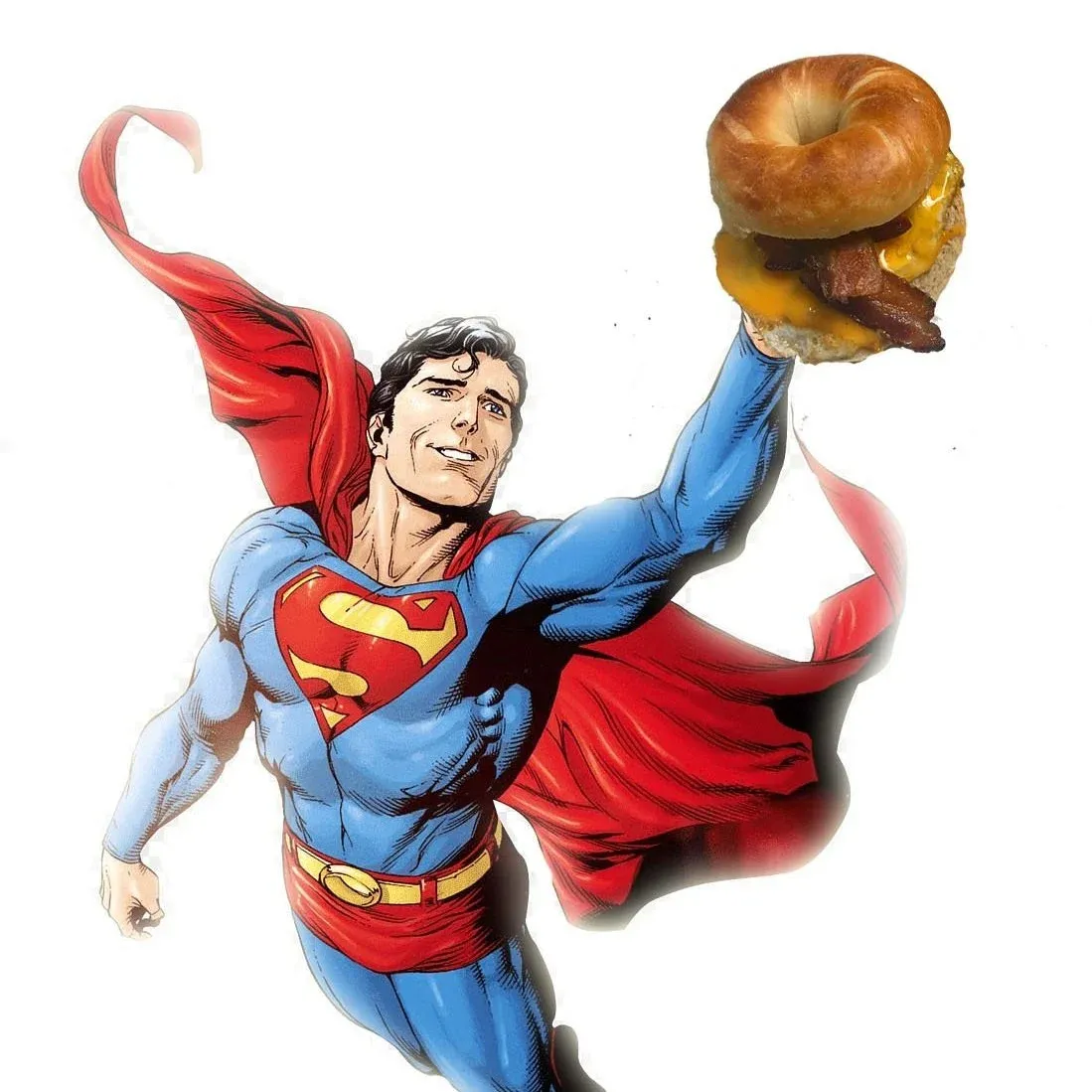 Comic-style Superman illustration flying while holding up a bacon, egg and cheese bagel sandwich