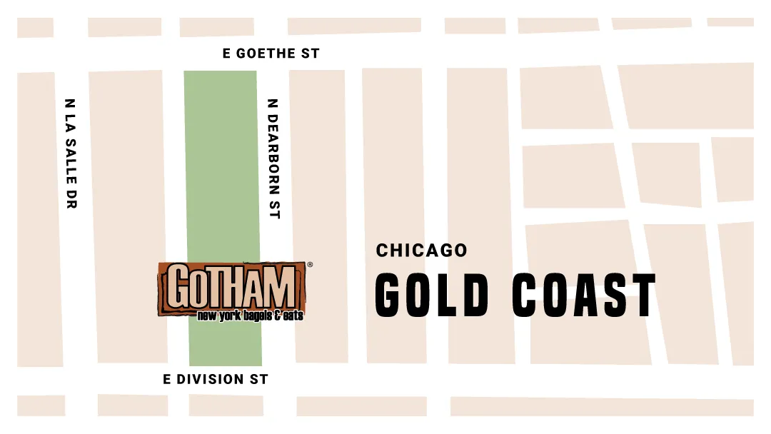 Map showing Gotham Bagels Gold Coast at 1212 N Dearborn St., Chicago. Opens Google Maps.