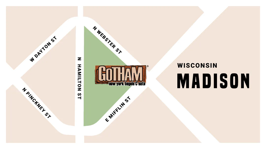 Map showing Gotham Bagels Madison at 112 E Mifflin St., Madison. Opens Google Maps.