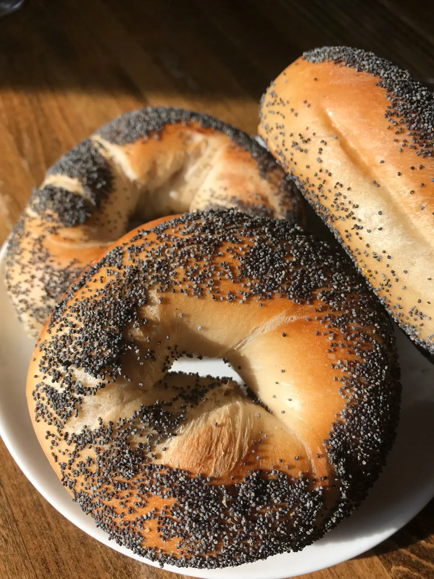 Three bagels heavily coated in black poppy seeds piled on a white plate